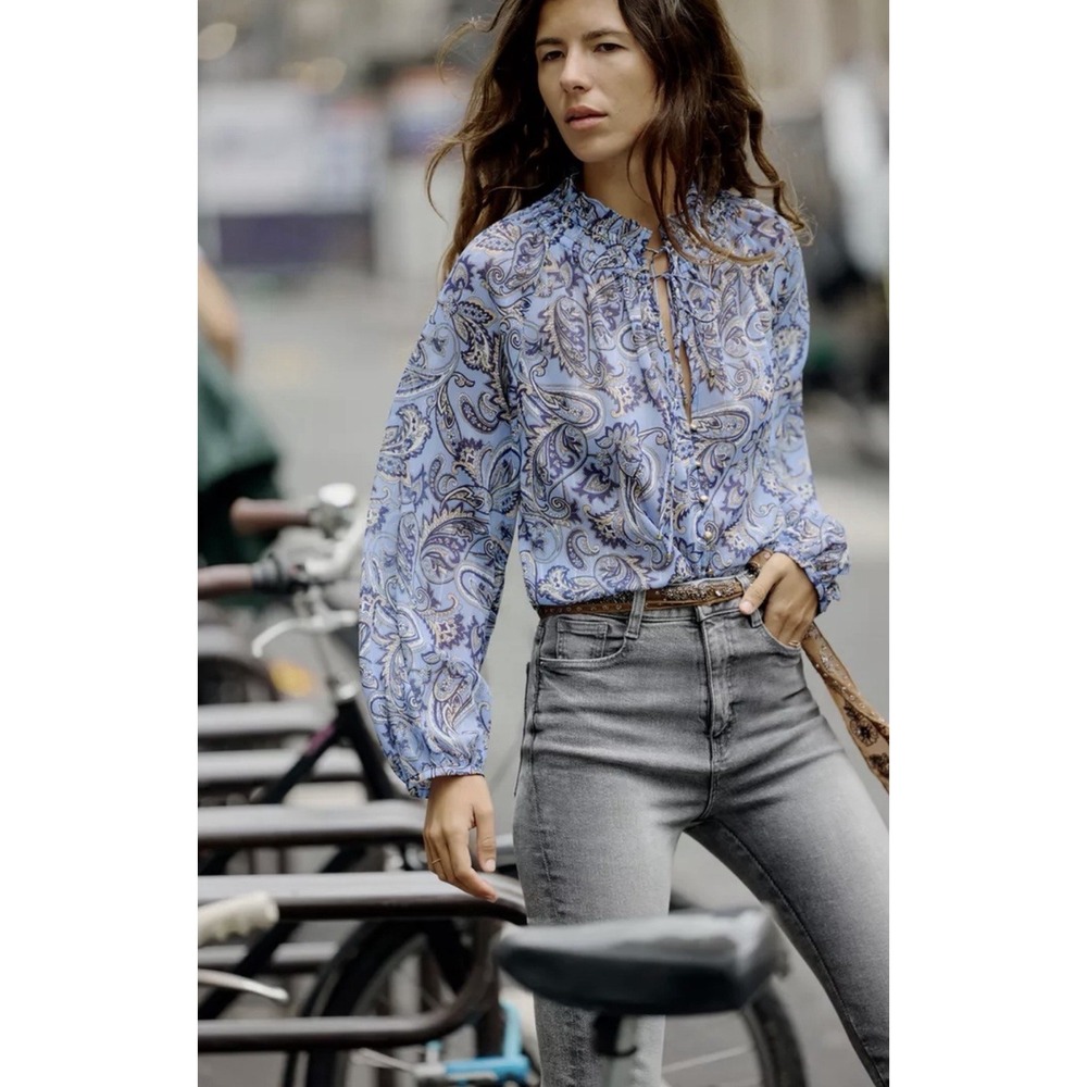 Zara Paisley Long Sleeve Semi Sheer Blouse Blue Gold Top Classic Chic Women's XS